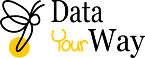 Data Your Way written in black and yellow with a line drawing of a lightning bug/firefly with a yellow circle at the tip of the abdomen.